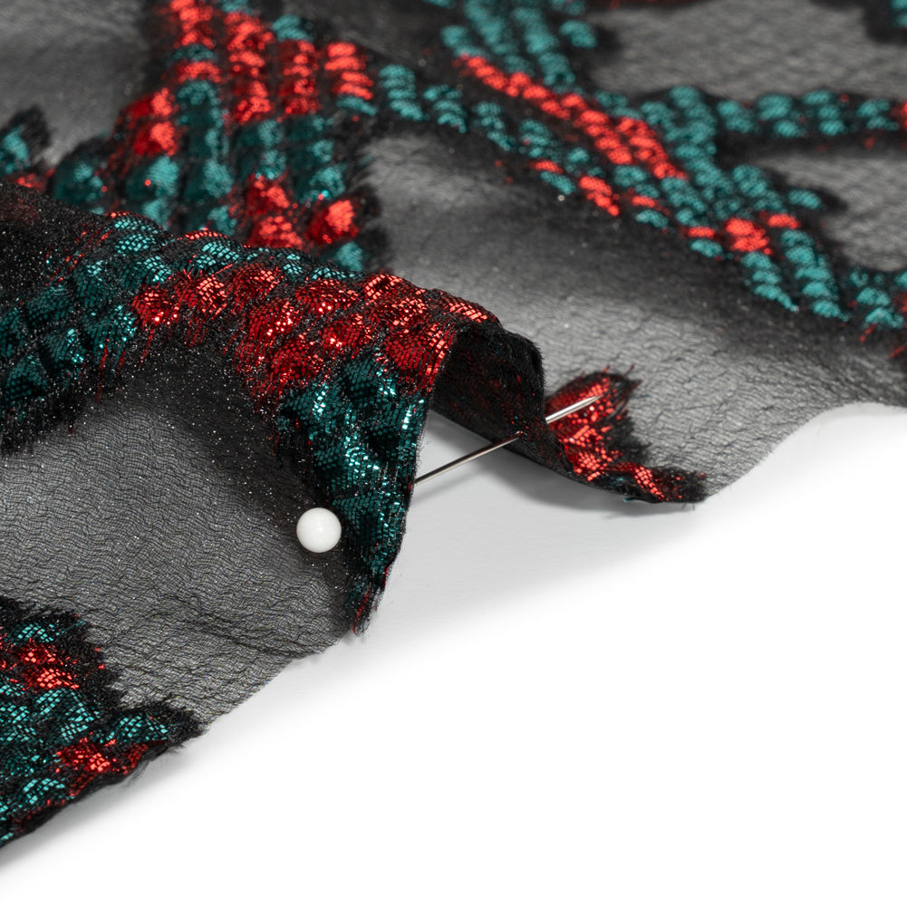 Metallic Teal, Red and Black Snakeskin Sprawl Burnout Luxury Brocade