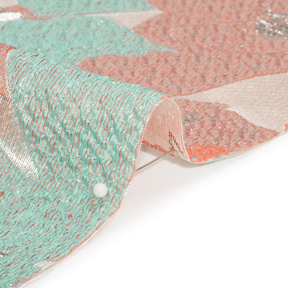 Metallic Silver, Coral and Turquoise Floating Blossoms Luxury Brocade