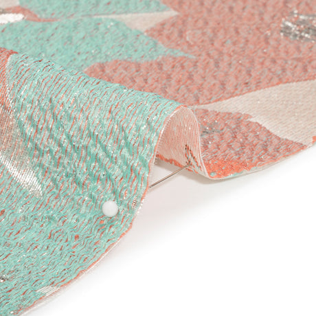 Metallic Silver, Coral and Turquoise Floating Blossoms Luxury Brocade