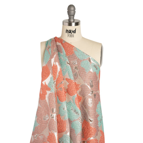 Metallic Silver, Coral and Turquoise Floating Blossoms Luxury Brocade