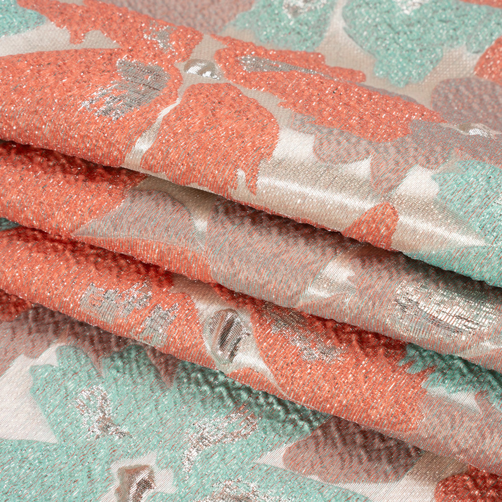 Metallic Silver, Coral and Turquoise Floating Blossoms Luxury Brocade
