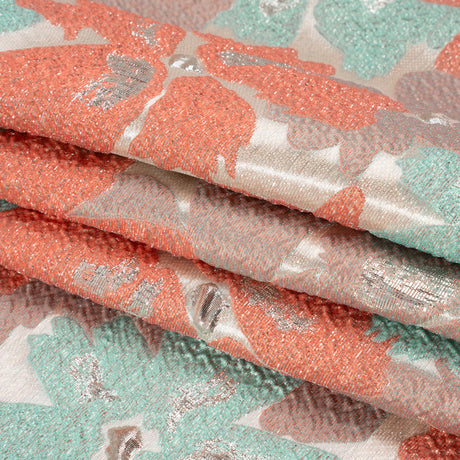 Metallic Silver, Coral and Turquoise Floating Blossoms Luxury Brocade