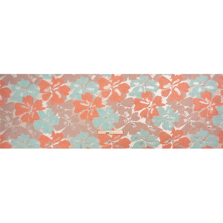 Metallic Silver, Coral and Turquoise Floating Blossoms Luxury Brocade