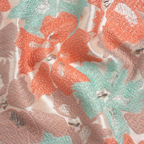 Metallic Silver, Coral and Turquoise Floating Blossoms Luxury Brocade
