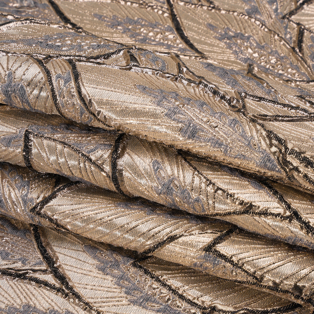 Metallic Beige, Silver and Gray Decorated Feathers Luxury Brocade
