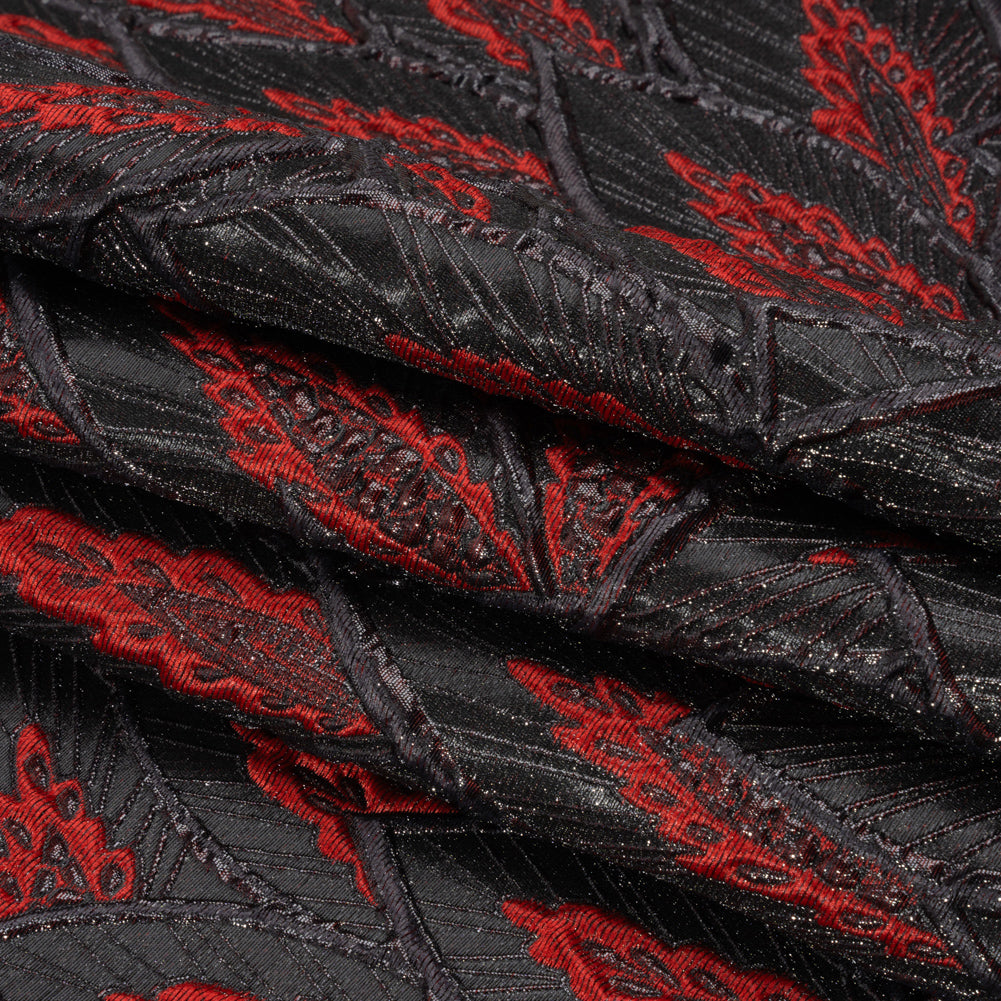 Metallic Black and Red Decorated Feathers Luxury Brocade