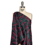 Metallic Teal, Raspberry and Black Decorated Feathers Luxury Brocade