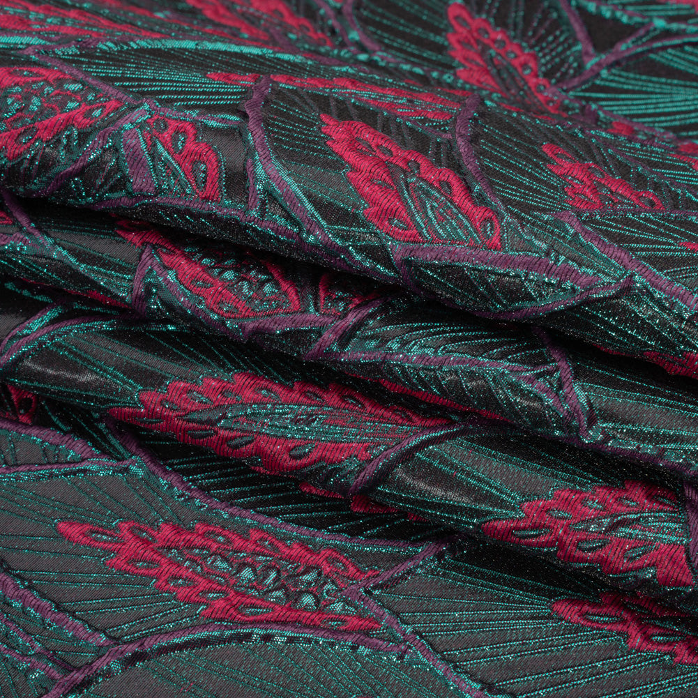 Metallic Teal, Raspberry and Black Decorated Feathers Luxury Brocade