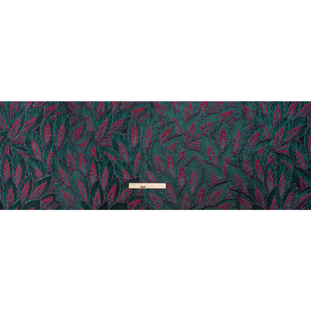 Metallic Teal, Raspberry and Black Decorated Feathers Luxury Brocade