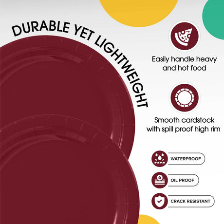 100 Count Burgundy Paper Plates 9" Disposable Party Plates for Catering Events