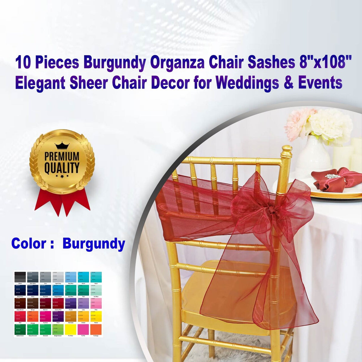 10 Pieces Burgundy Organza Chair Sashes 8"x108" Elegant Sheer Chair Decor for Weddings & Events