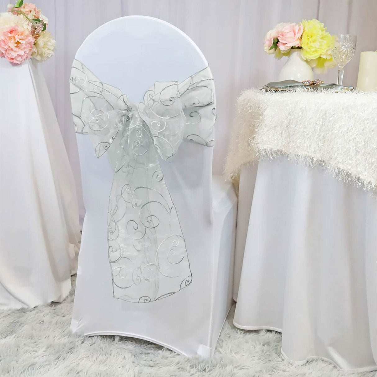 10 Pieces Silver Embroidered Organza Chair Sashes 8"x108" Elegant Event & Wedding Decor