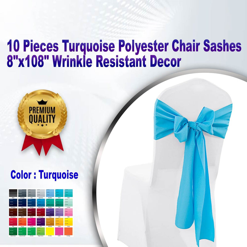 10 piezas fajines para silla de poliéster turquesa, 8"x108", decoración resistente a arrugas