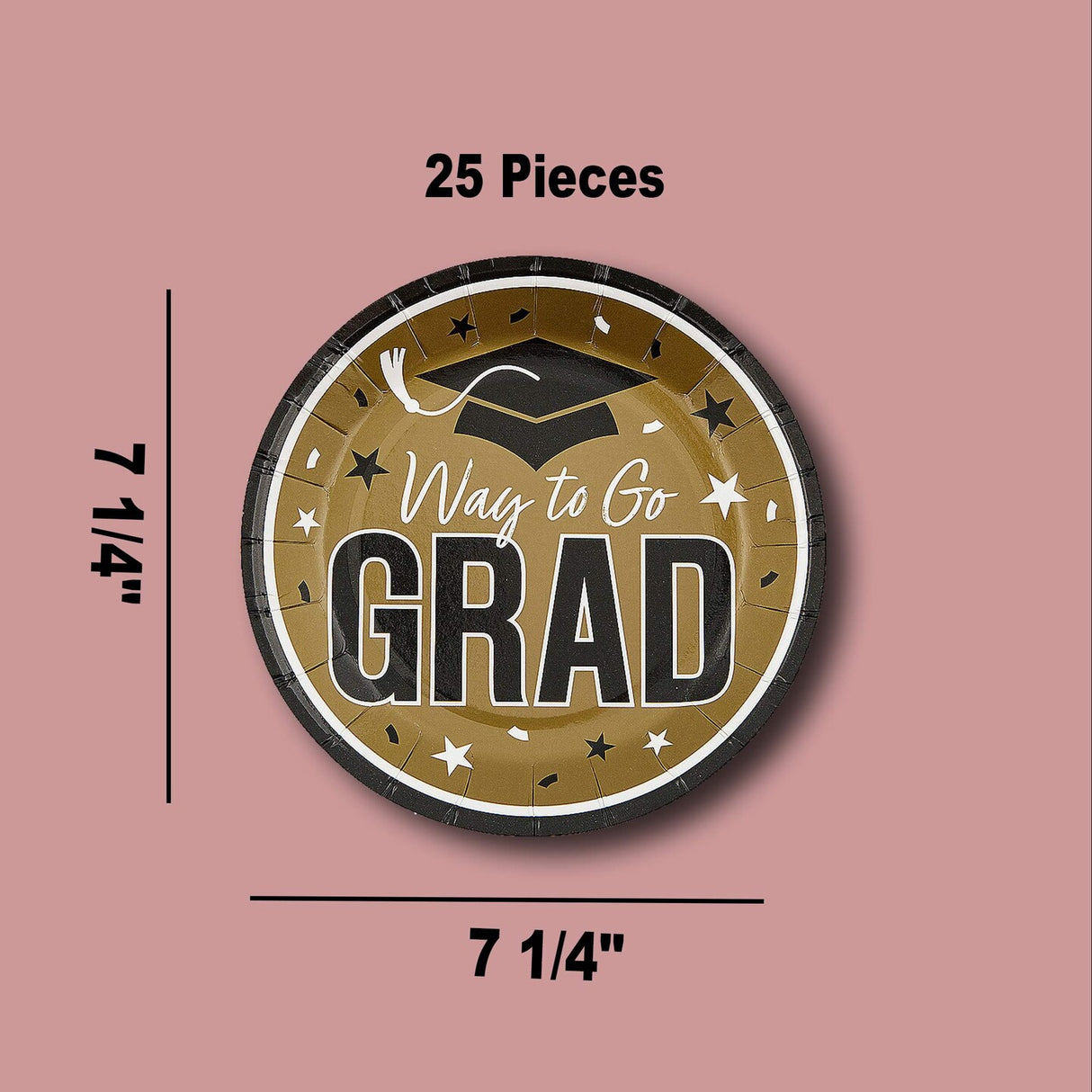 25 Count Gold Way to Go Grad Paper Dessert Plates Graduation Party Pack 7 1/4 Inch