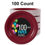 100 Count Burgundy Paper Plates 9" Disposable Party Plates for Catering Events