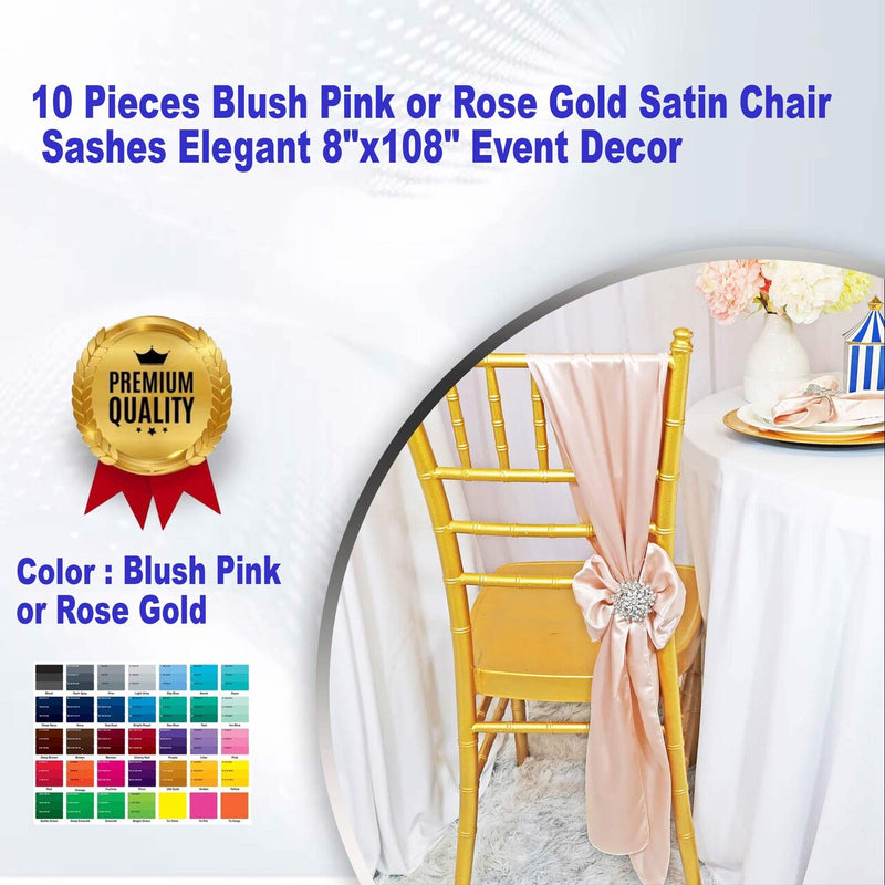 10 Pieces Blush Pink Or Rose Gold Satin Chair Sashes Elegant 8"x108" Event Decor