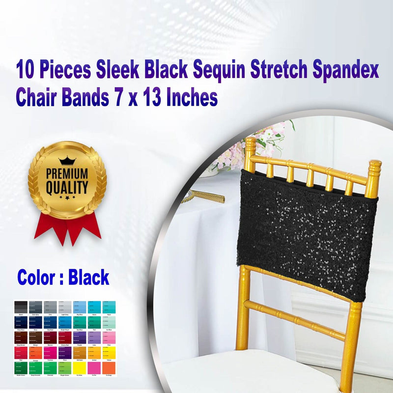 10 piezas de bandas para sillas de spandex elástico con lentejuelas negras elegantes, 7 x 13 pulgadas