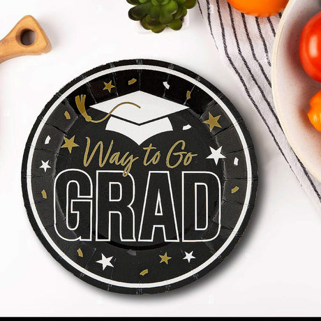 25 Count Black Way to Go Grad Disposable Paper Dessert Plates 7 1/4 Inch Party Supplies