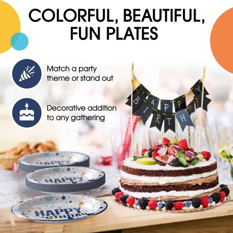 50 Count Blue Birthday Print Paper Plates 7 Inch Disposable Party Celebrations