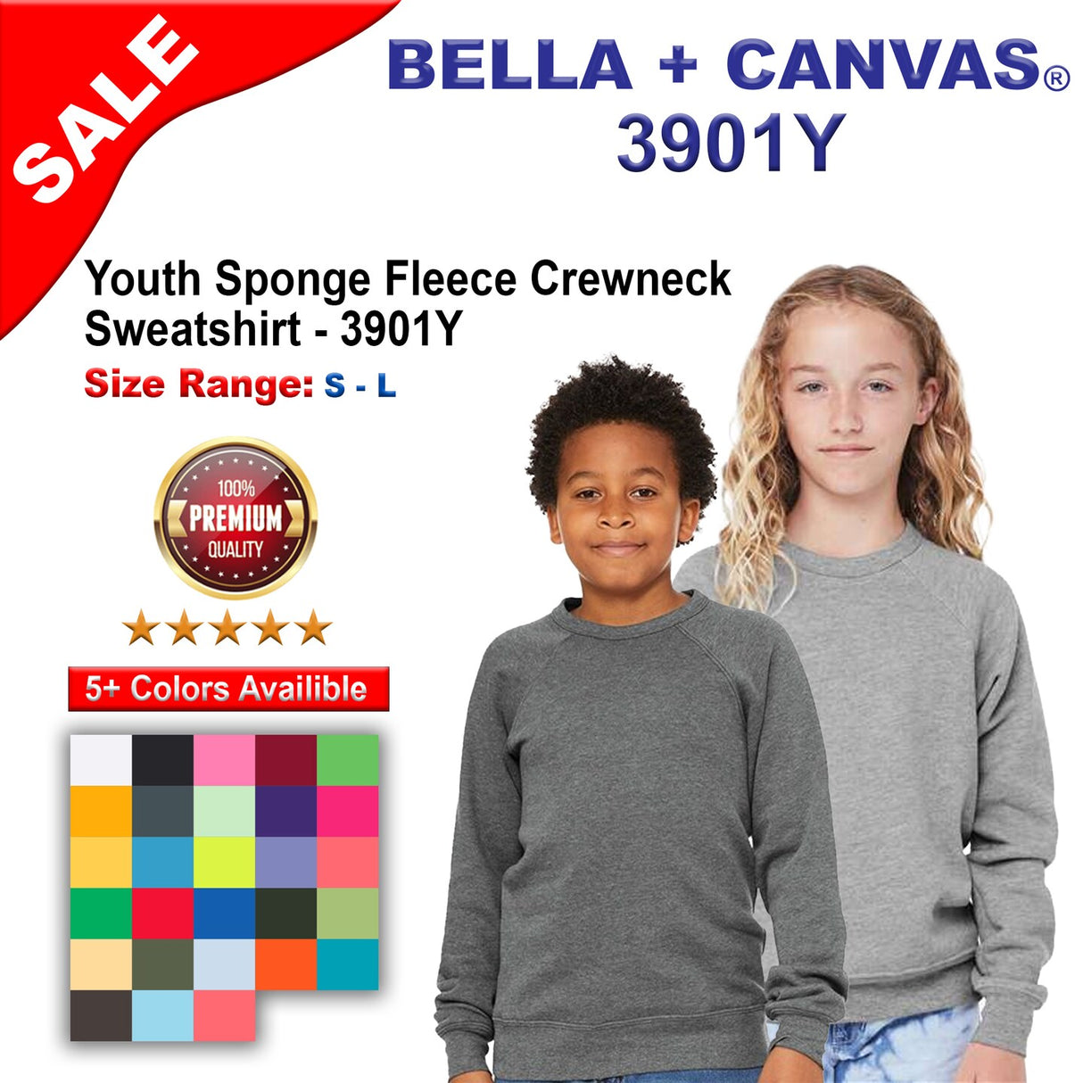 BELLA + CANVAS® Youth Sponge Fleece Crewneck Sweatshirt - 3901Y