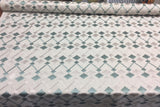 Bali Embroidered Seagrass Polyester Cotton Fabric - Teal And Gray Linen Look, 4" Horizontal Repeat, 9.5" Vertical Repeat (1 Yard)