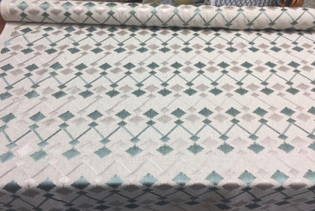 Bali Embroidered Seagrass Polyester Cotton Fabric - Teal And Gray Linen Look, 4" Horizontal Repeat, 9.5" Vertical Repeat (1 Yard)