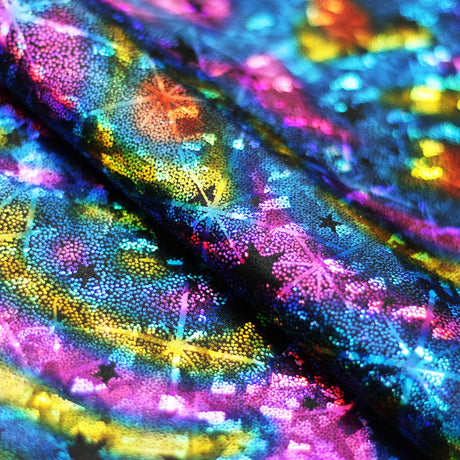 Cosmic Star Nylon Spandex Fabric - Red Multi/Black Multi, Rainbow Stars, 58/60" Width (1 Yard)