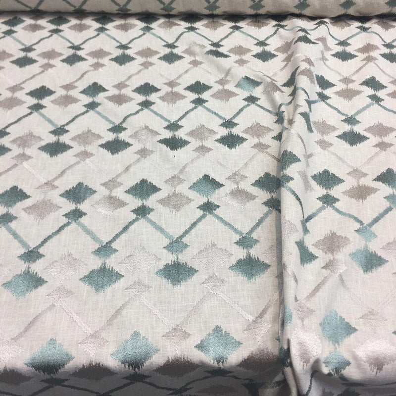 Bali Embroidered Seagrass Polyester Cotton Fabric - Teal And Gray Linen Look, 4" Horizontal Repeat, 9.5" Vertical Repeat (1 Yard)