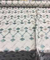 Bali Embroidered Seagrass Polyester Cotton Fabric - Teal And Gray Linen Look, 4" Horizontal Repeat, 9.5" Vertical Repeat (1 Yard)
