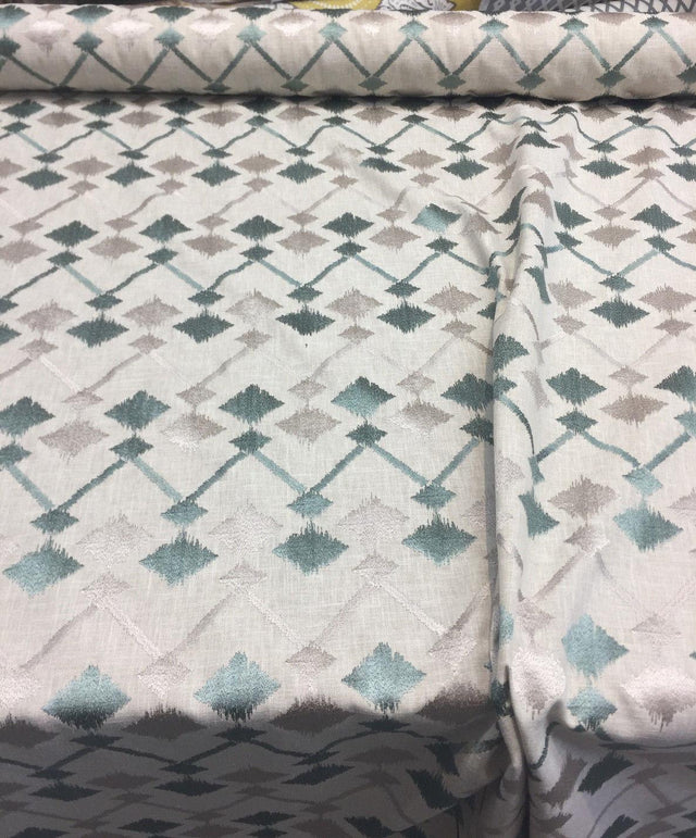 Bali Embroidered Seagrass Polyester Cotton Fabric - Teal And Gray Linen Look, 4" Horizontal Repeat, 9.5" Vertical Repeat (1 Yard)