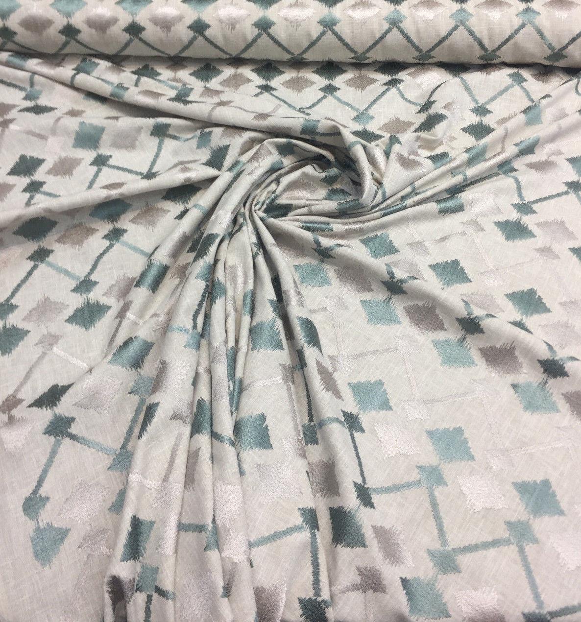 Bali Embroidered Seagrass Polyester Cotton Fabric - Teal And Gray Linen Look, 4" Horizontal Repeat, 9.5" Vertical Repeat (1 Yard)