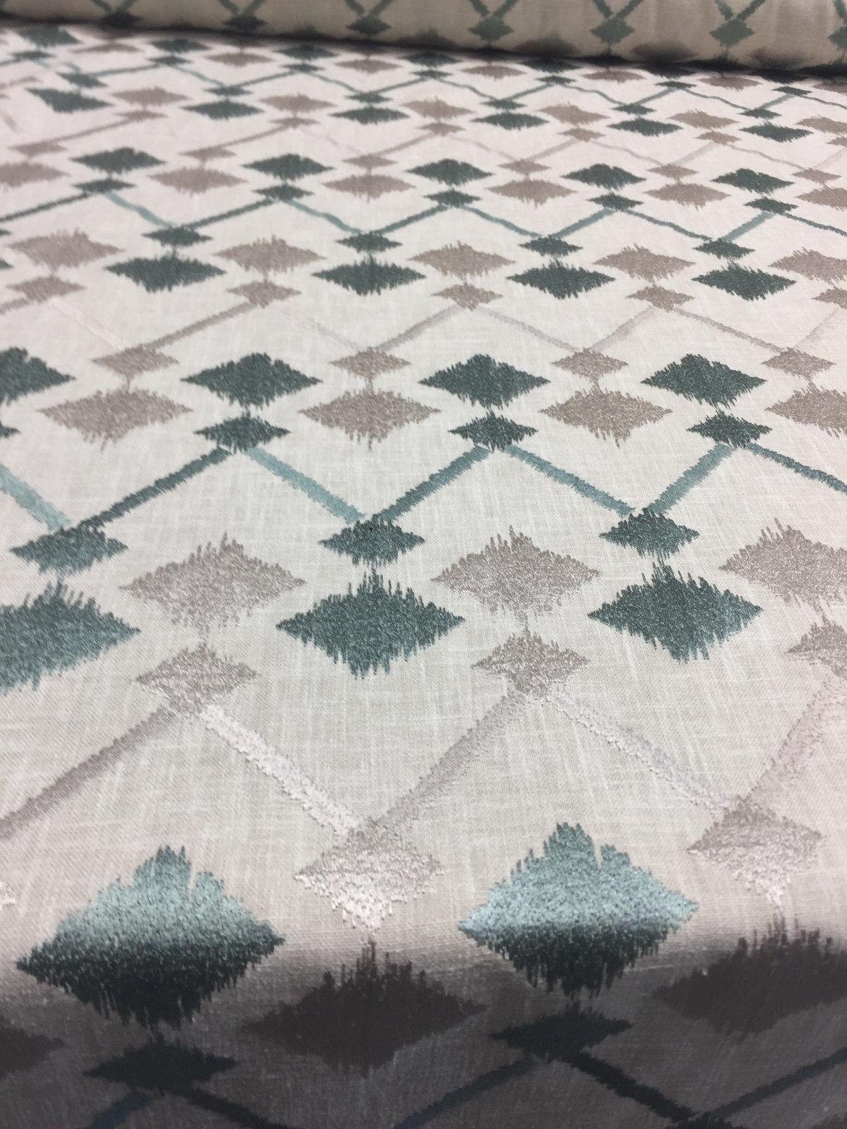 Bali Embroidered Seagrass Polyester Cotton Fabric - Teal And Gray Linen Look, 4" Horizontal Repeat, 9.5" Vertical Repeat (1 Yard)