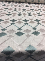 Bali Embroidered Seagrass Polyester Cotton Fabric - Teal And Gray Linen Look, 4" Horizontal Repeat, 9.5" Vertical Repeat (1 Yard)