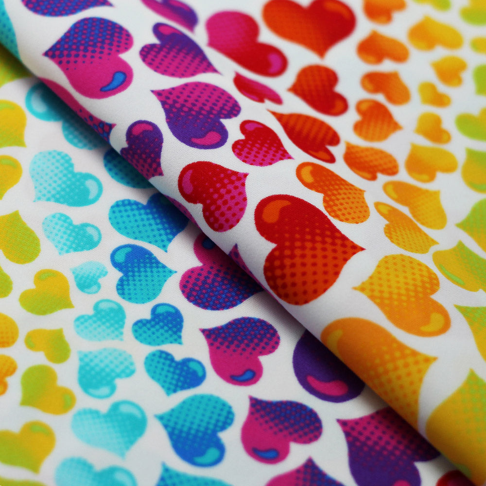 Love Mee Nylon Spandex Fabric - Rainbow Hearts Print, Black Multi Or White Multi, 58-60" Width (1 Yard)