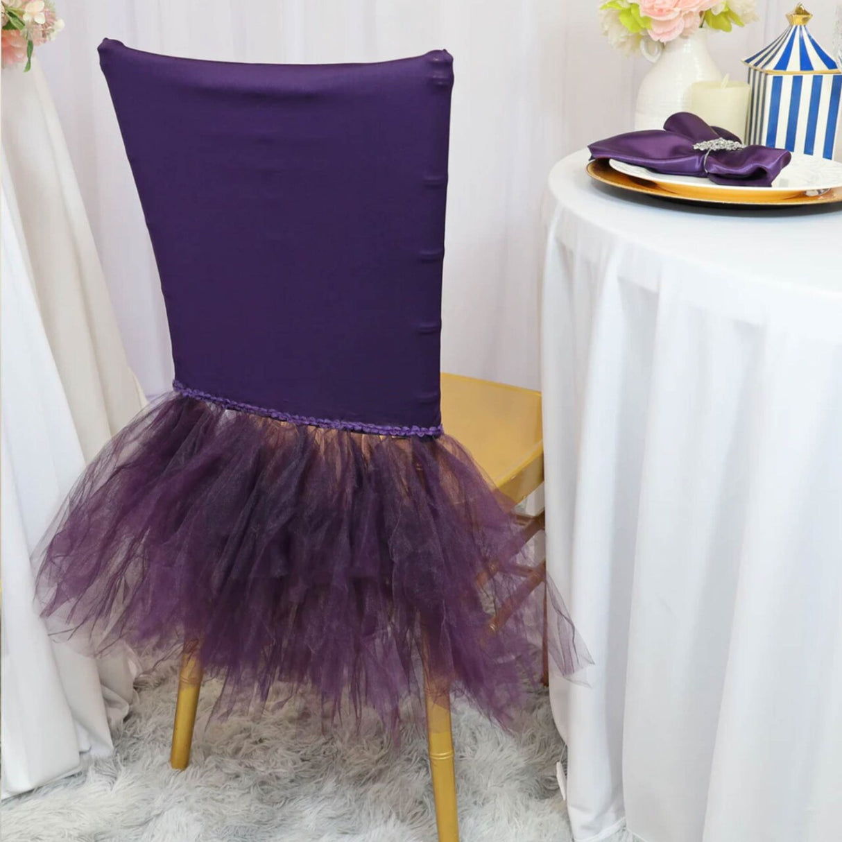 1 Piece Eggplant Stretch Spandex Chiavari Chair Cover with Graceful Ballerina Skirt