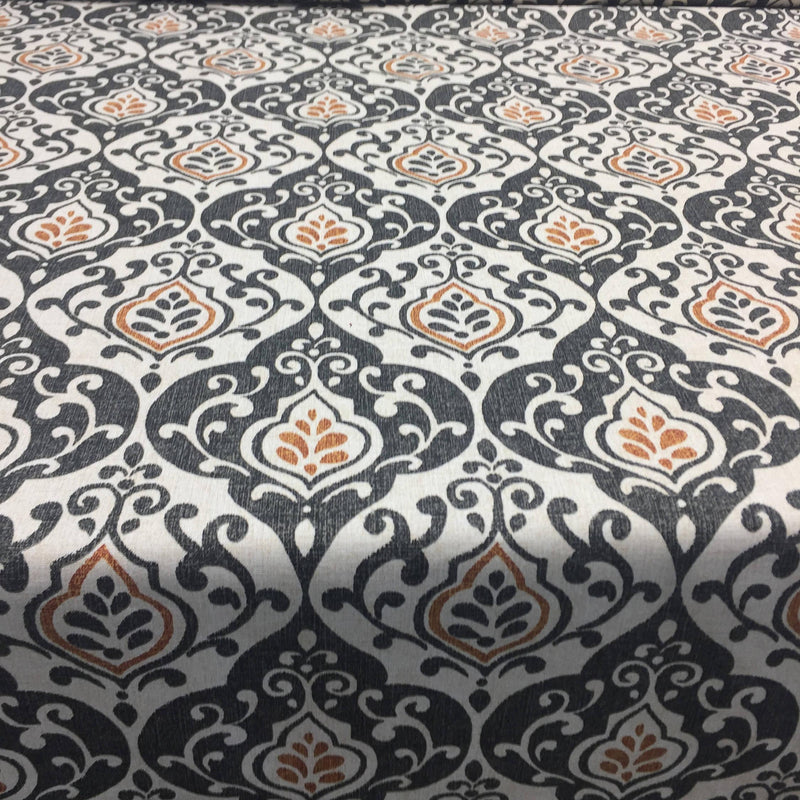 Reneta Damask Truffle Cotton Fabric - Black, White, Orange Damask, 56" Width (1 Yard)