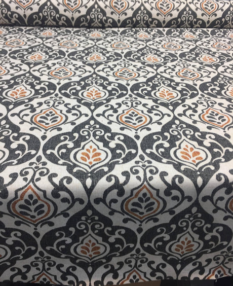 Reneta Damask Truffle Cotton Fabric - Black, White, Orange Damask, 56" Width (1 Yard)