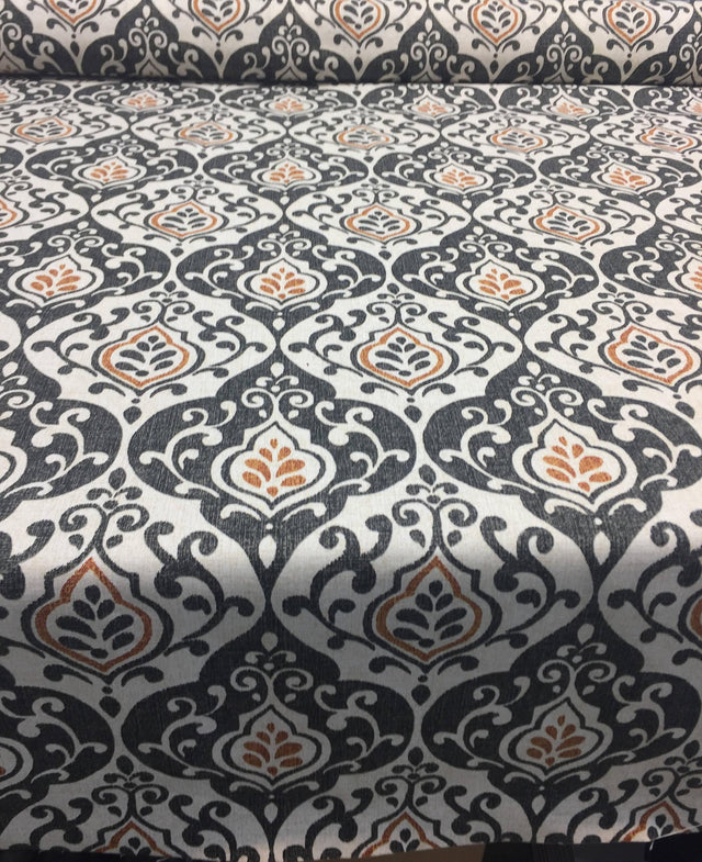Reneta Damask Truffle Cotton Fabric - Black, White, Orange Damask, 56" Width (1 Yard)