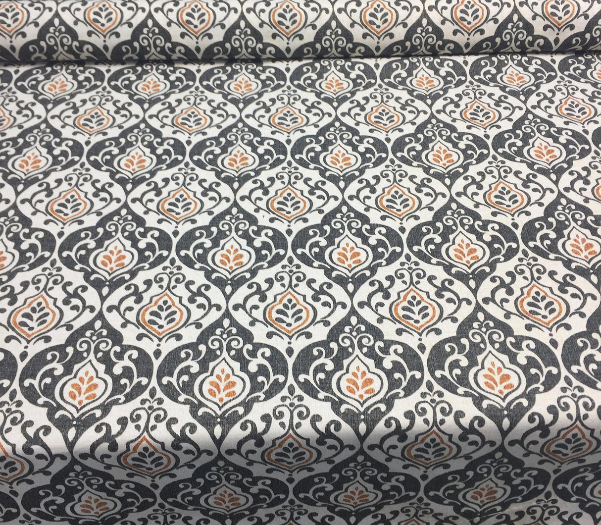 Reneta Damask Truffle Cotton Fabric - Black, White, Orange Damask, 56" Width (1 Yard)