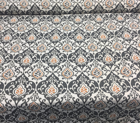 Reneta Damask Truffle Cotton Fabric - Black, White, Orange Damask, 56" Width (1 Yard)