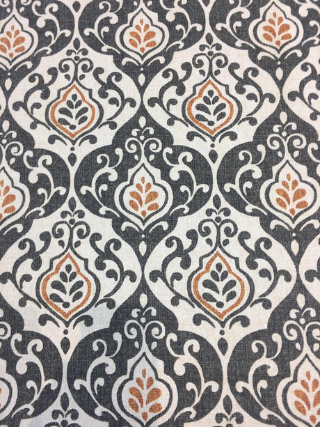 Reneta Damask Truffle Cotton Fabric - Black, White, Orange Damask, 56" Width (1 Yard)