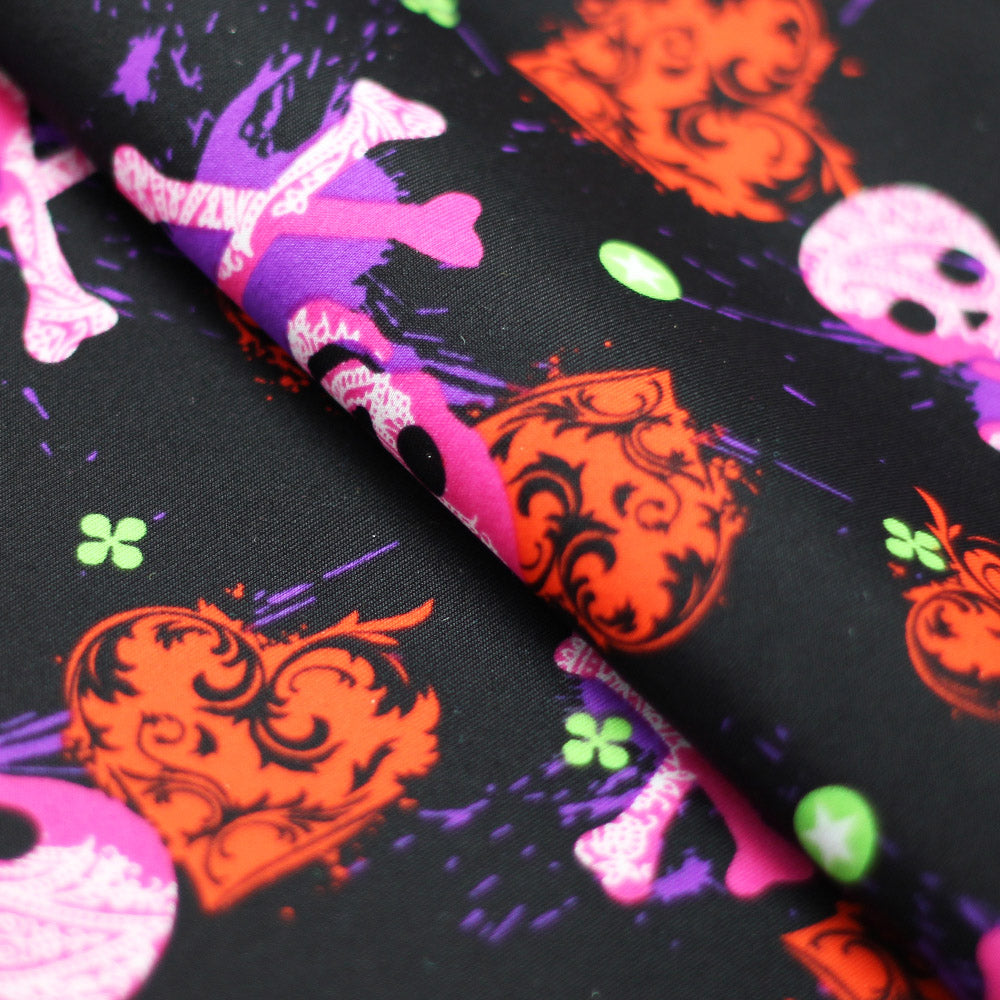 Heart Of Stone Nylon Spandex Fabric - Shiny Red/Green, Heart And Skull Pattern, 58/60" Width (1 Yard)