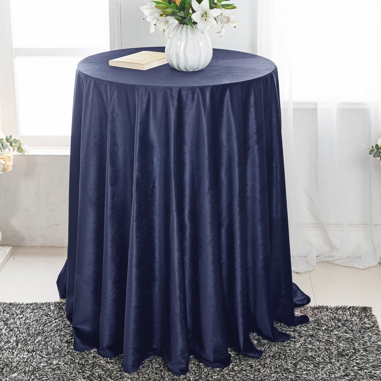 Round Velvet Tablecloth 132 Inch Navy Blue