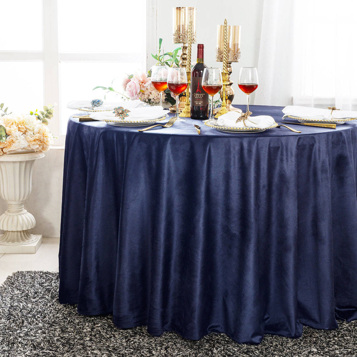 Round Velvet Tablecloth 132 Inch Navy Blue