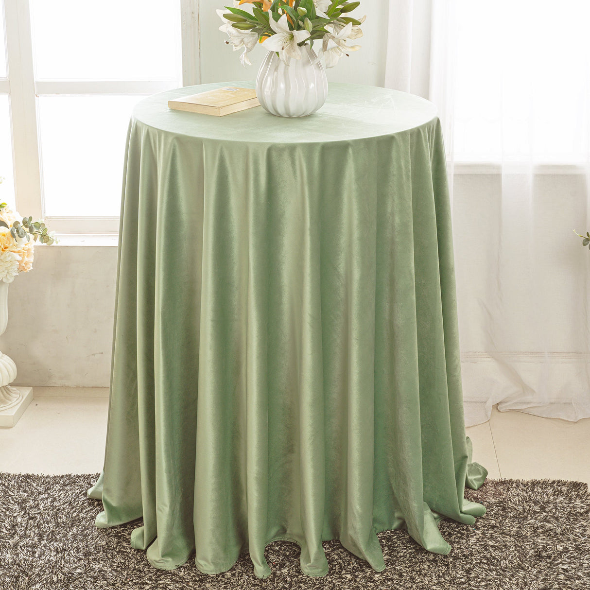 Round Velvet Tablecloth 132 Inch Sage Green