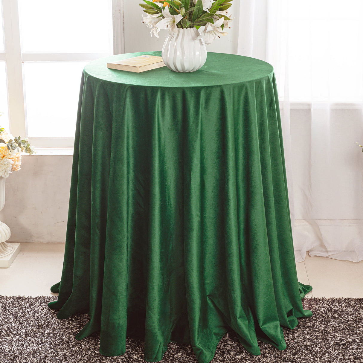 Round Holland Velvet Tablecloth 132" Emerald Green