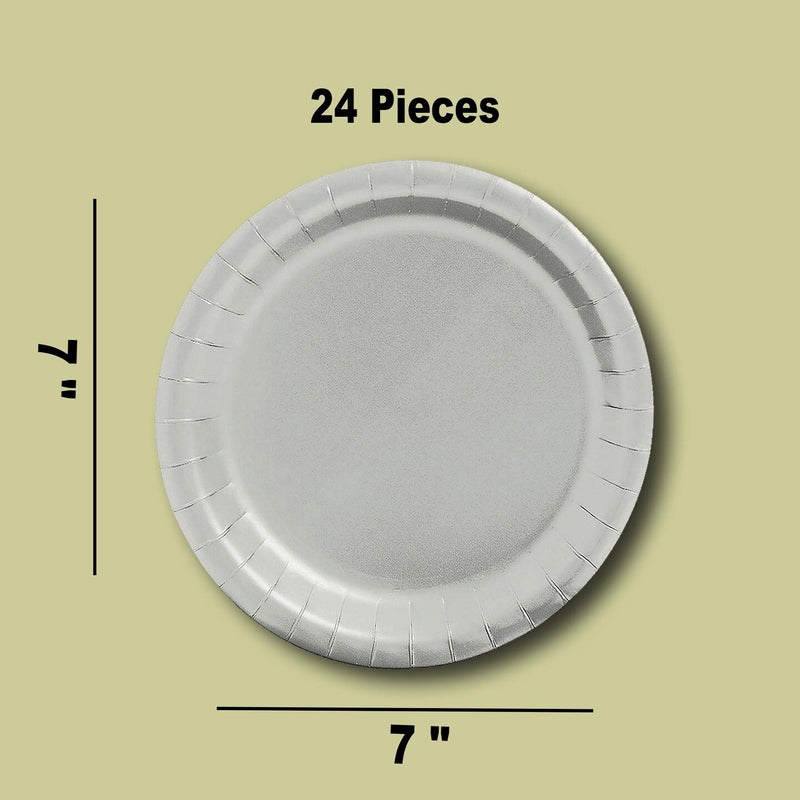 24 Count Metallic Silver Round Dessert Plates for Fancy Occasions 7"