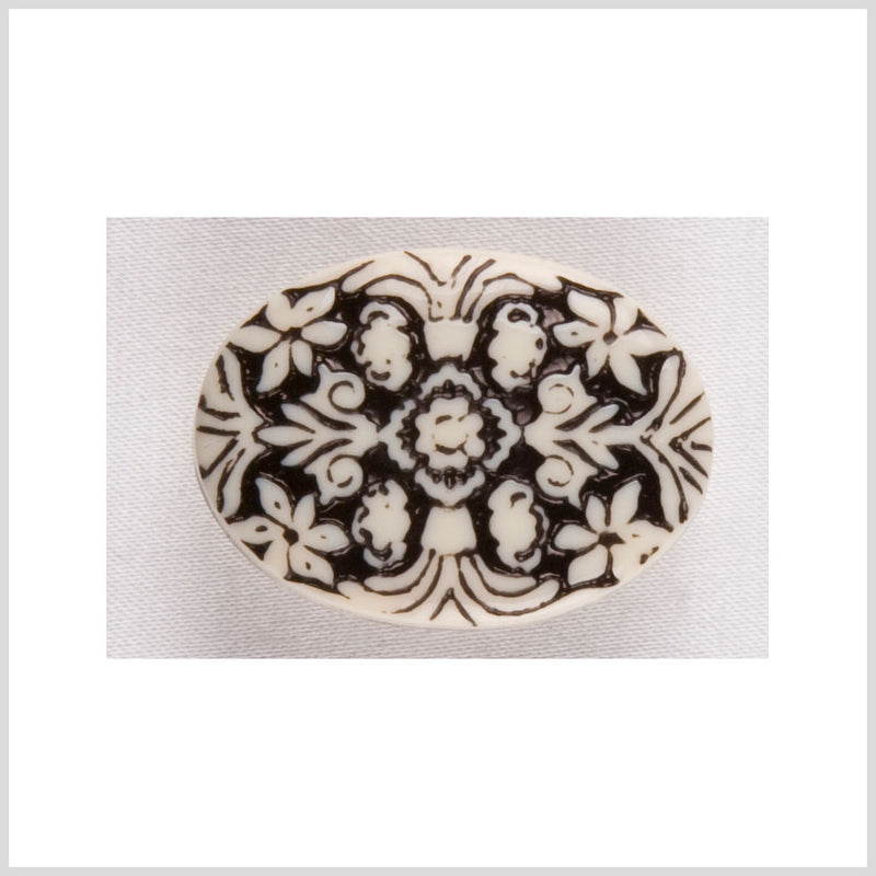 Oval-Shaped Plastic Shank Back Button - 44L/28mm - Black and White Floral Engraving