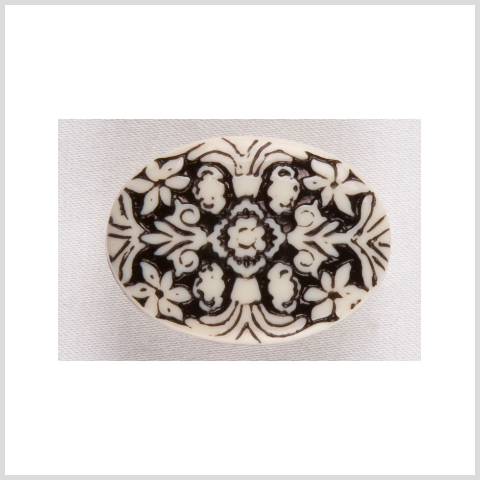 Oval-Shaped Plastic Shank Back Button - 44L/28mm - Black and White Floral Engraving