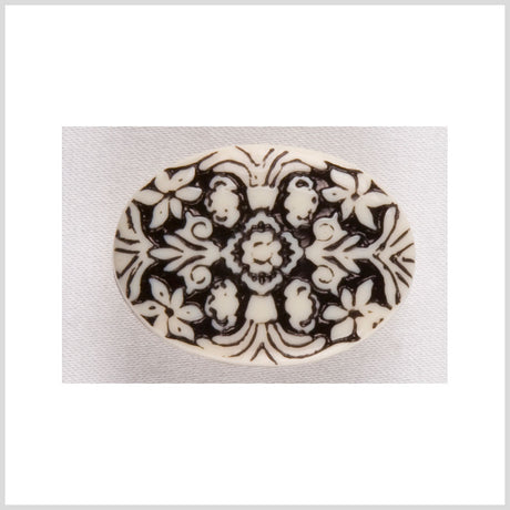 Oval-Shaped Plastic Shank Back Button - 44L/28mm - Black and White Floral Engraving